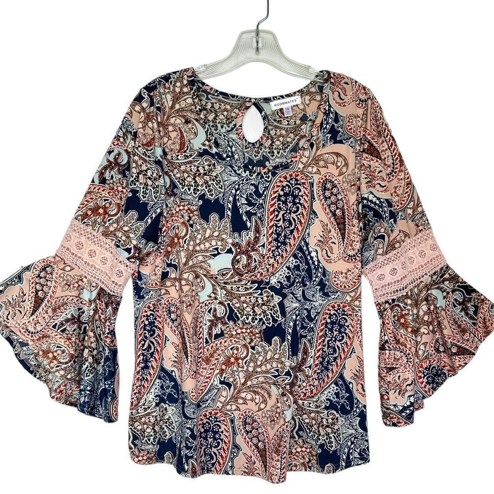 🦄 3 for $18 Roommates Paisley Peasant Ruffle 3/4 Sleeve Crochet Detail Size 1X